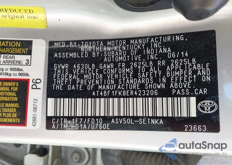 2014 Toyota Camry Le from USA, damaged, VIN 4T4BF1FK8ER423206